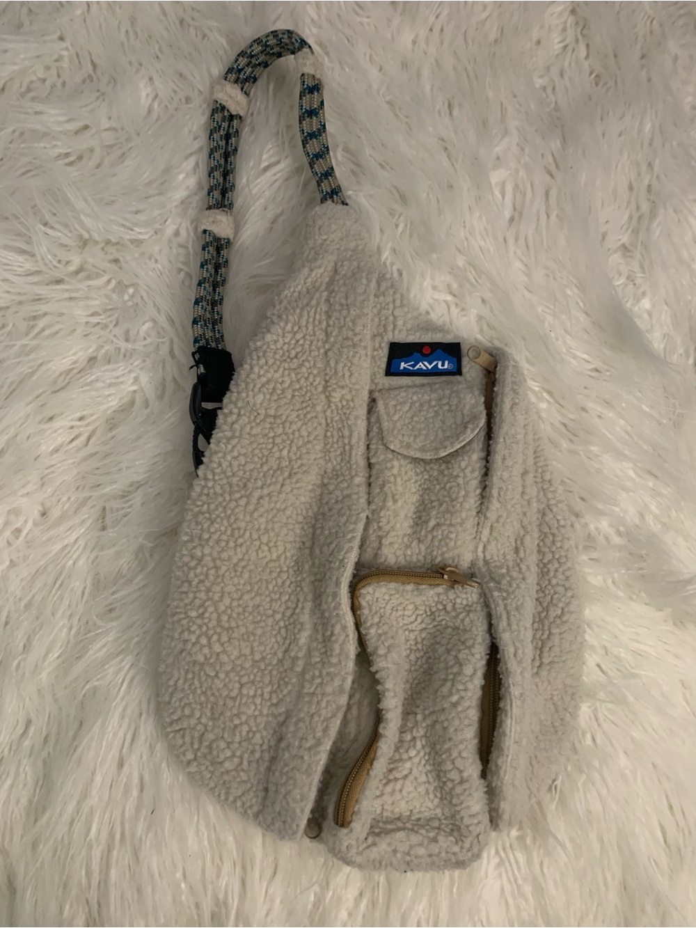 Kavu Cream Sherpa Fleece Crossbody Sling Bag with Patterned Rope Strap